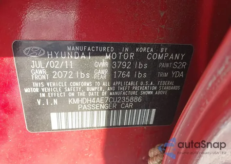 2012 Hyundai Elantra Limited (Ulsan Plant) z USA, uszkodzony, nr VIN KMHDH4AE7CU235886